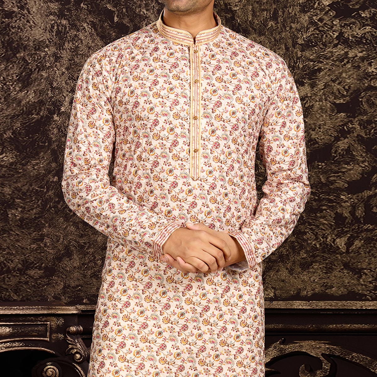 Peachmode Seller Cream Lucknowi And Digital Printed Cotton Kurta Pyjama Set - view 3