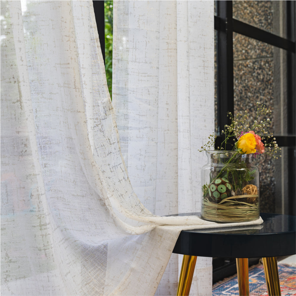 Urban Space -Home Furnishing Store Linen Textured Metallic Gold Foil Sheer Curtains, Pack of 2 Curtains - Sparkle - White