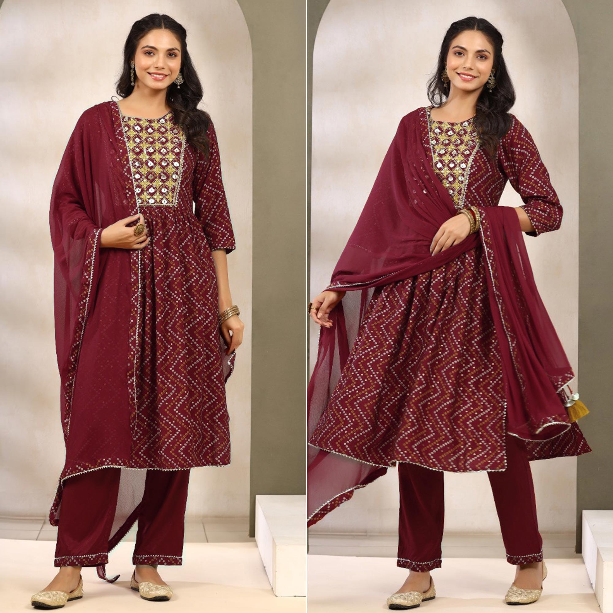 Peachmode Maroon Printed With Embroidered Muslin Naira Cut Suit