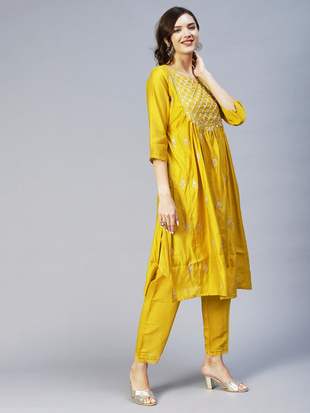 Fashor Ethnic Embroidered A-Line Kurta with Pant & Dupatta - Yellow - view 14