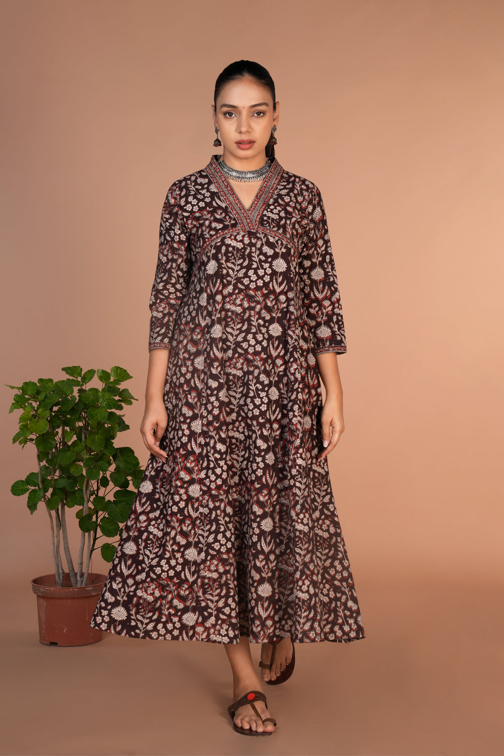 Kalanjali Ethnics Dark chocolate brown Bagru cotton handblock printed dress