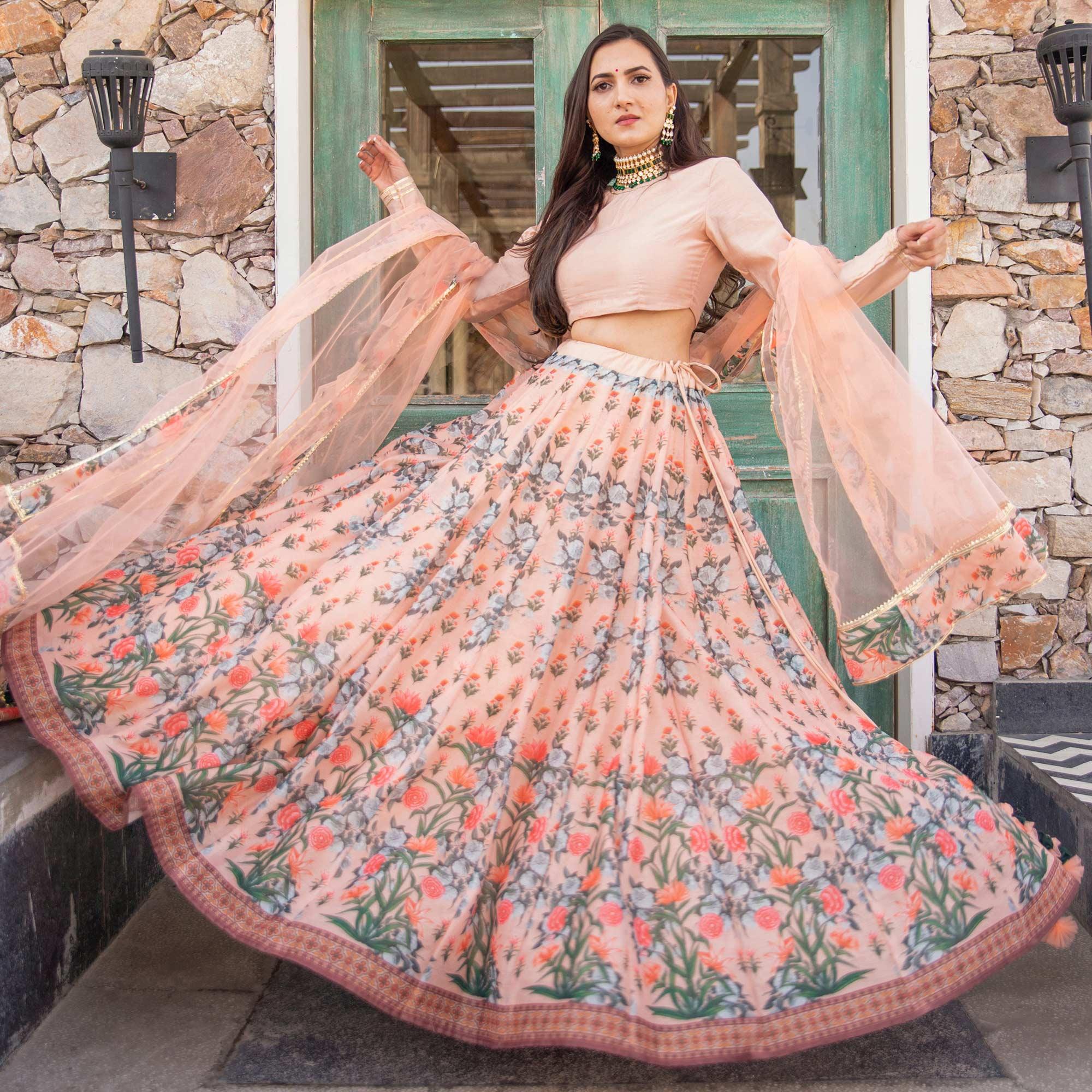 Peachmode Light Peach Wedding Wear Designer Floral Prined Chanderi Designer Lehenga Choli