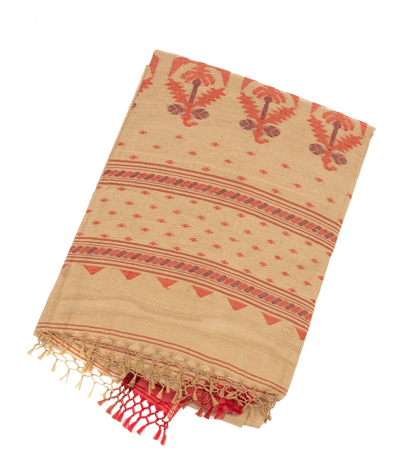 RmKV Beige Handloom Bengal Cotton Saree With Flower Buttas