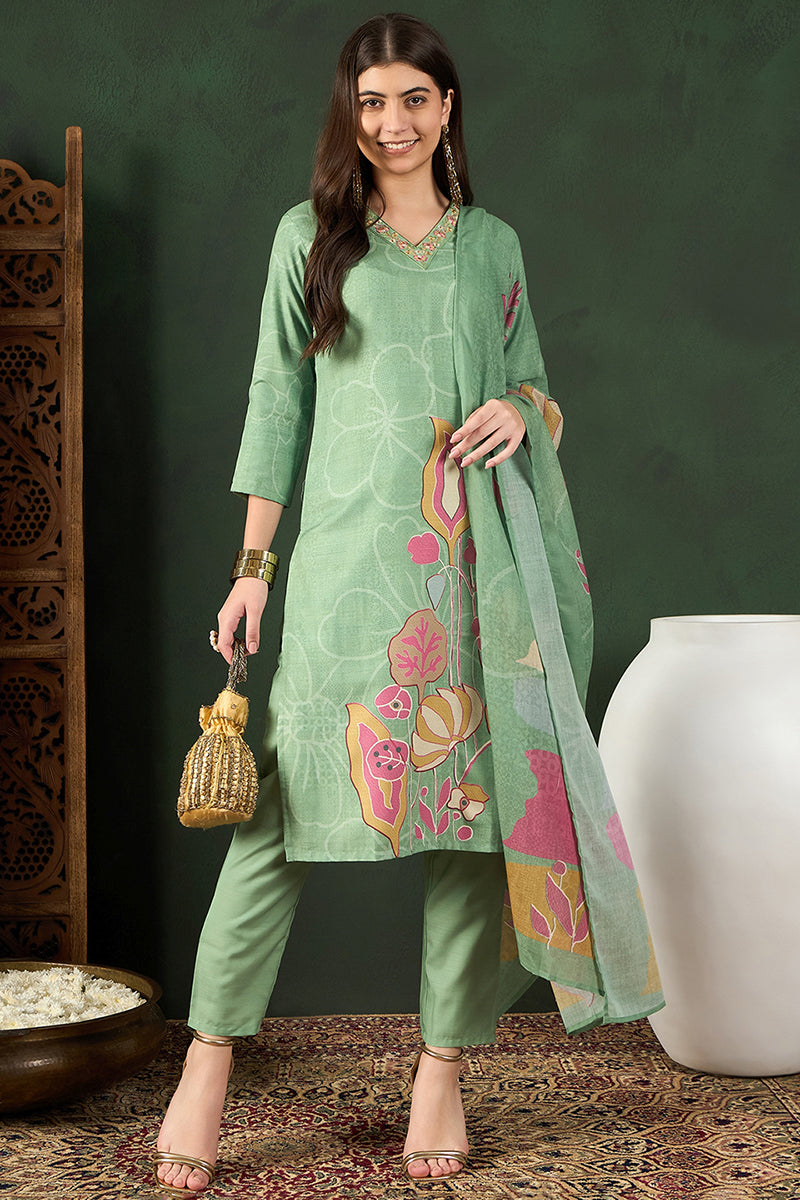 Ahika Green Rayon Blend Floral Printed Straight Trouser Bottom Suit Set PKSKD2540GRN