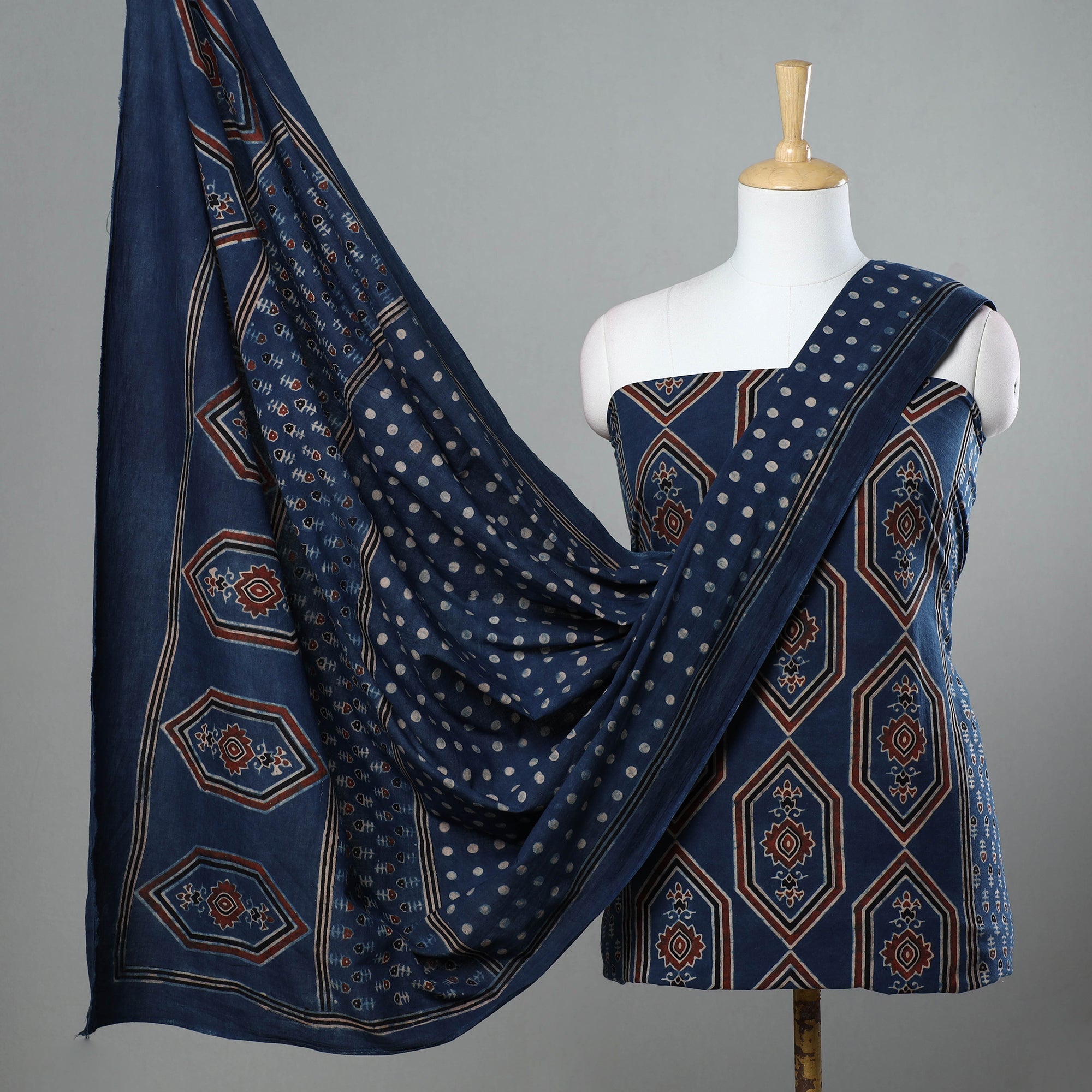KACHCHH JI CHHAAP Blue - 3pc Ajrakh Hand Block Printed Cotton Suit Material Set