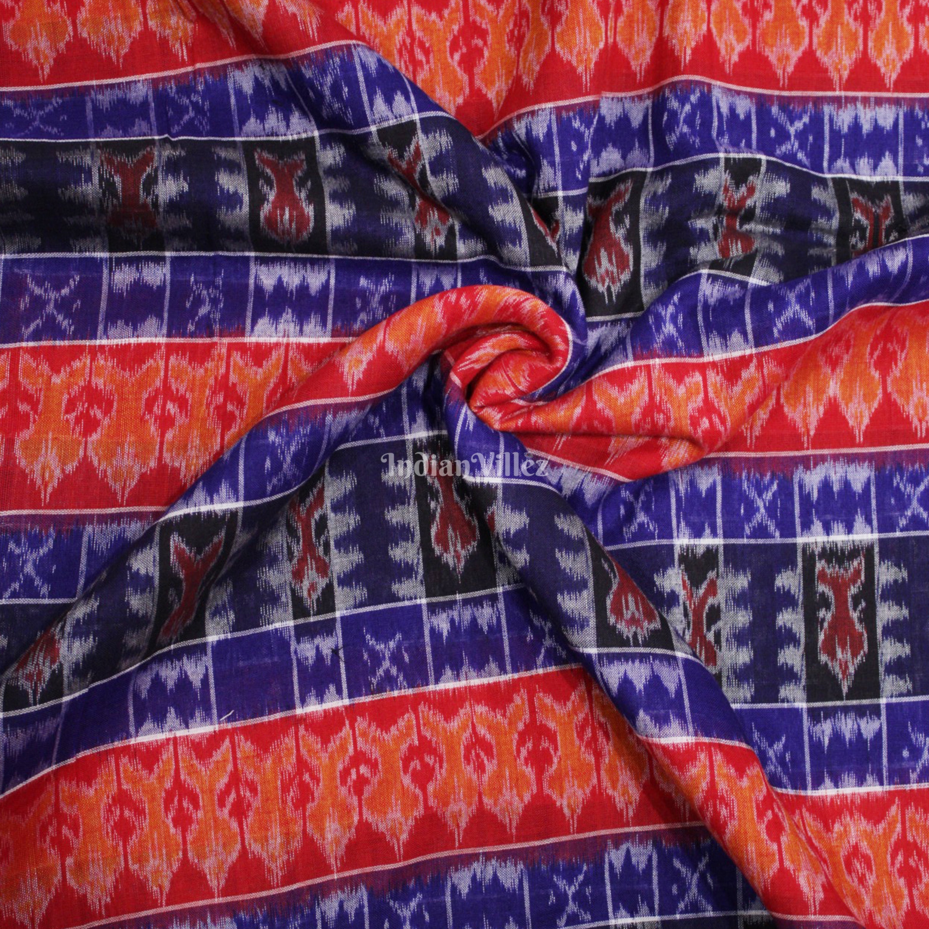 IndianVillèz Red Blue Fish Motif Sambalpuri Ikat Cotton Fabric
