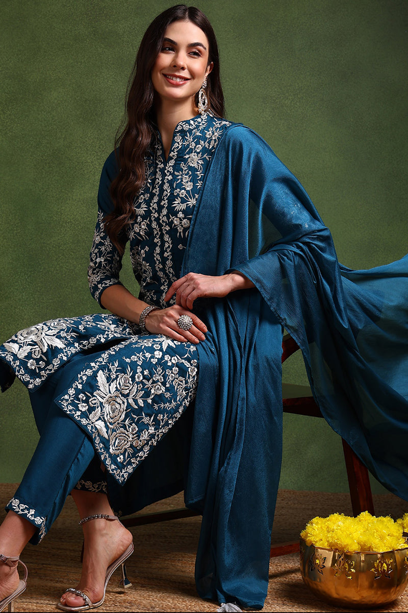 Ahika Teal Blue Silk Blend Solid Embroidered Straight Suit Set PKSKD2216