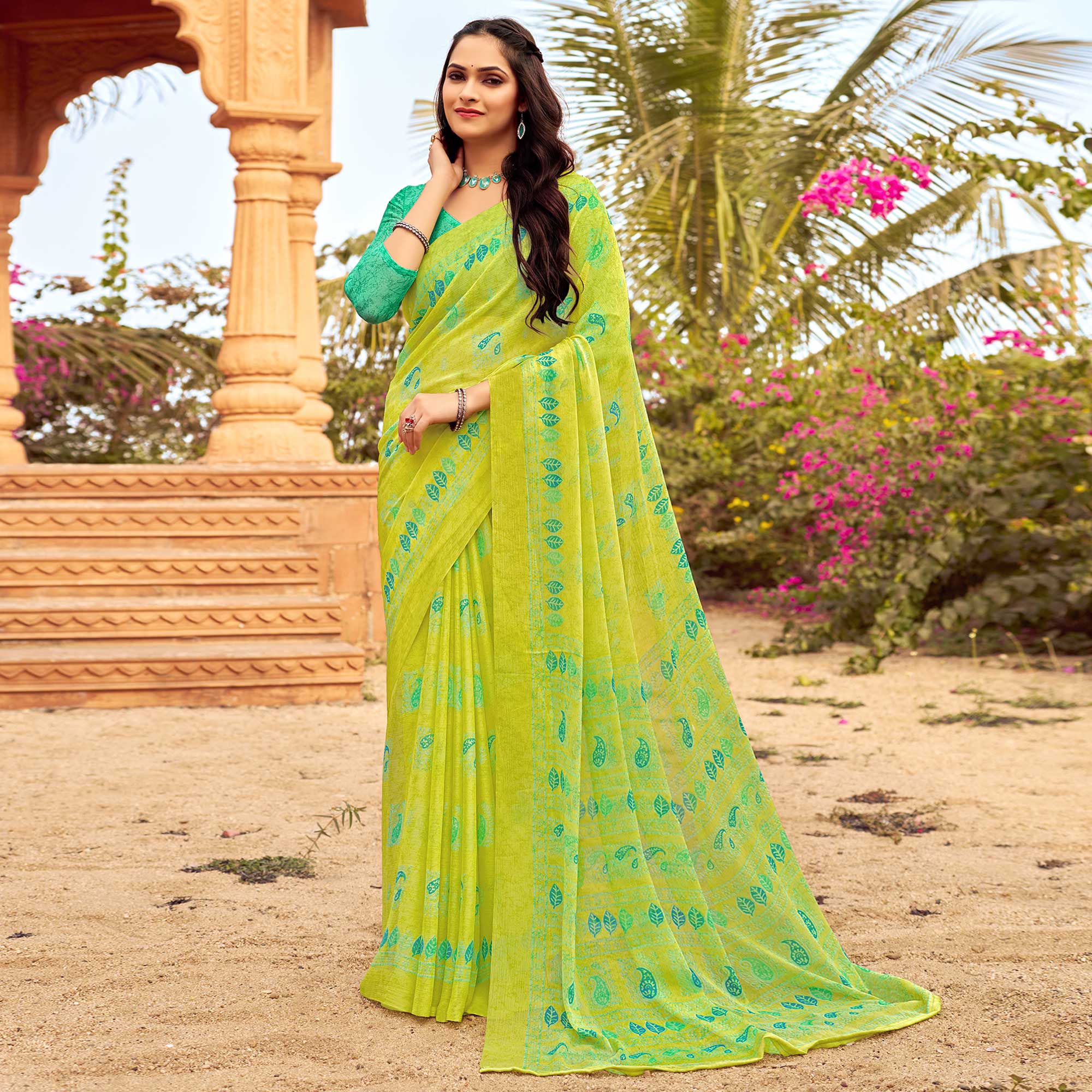 Peachmode Lemon Green Printed Chiffon Saree – Women's