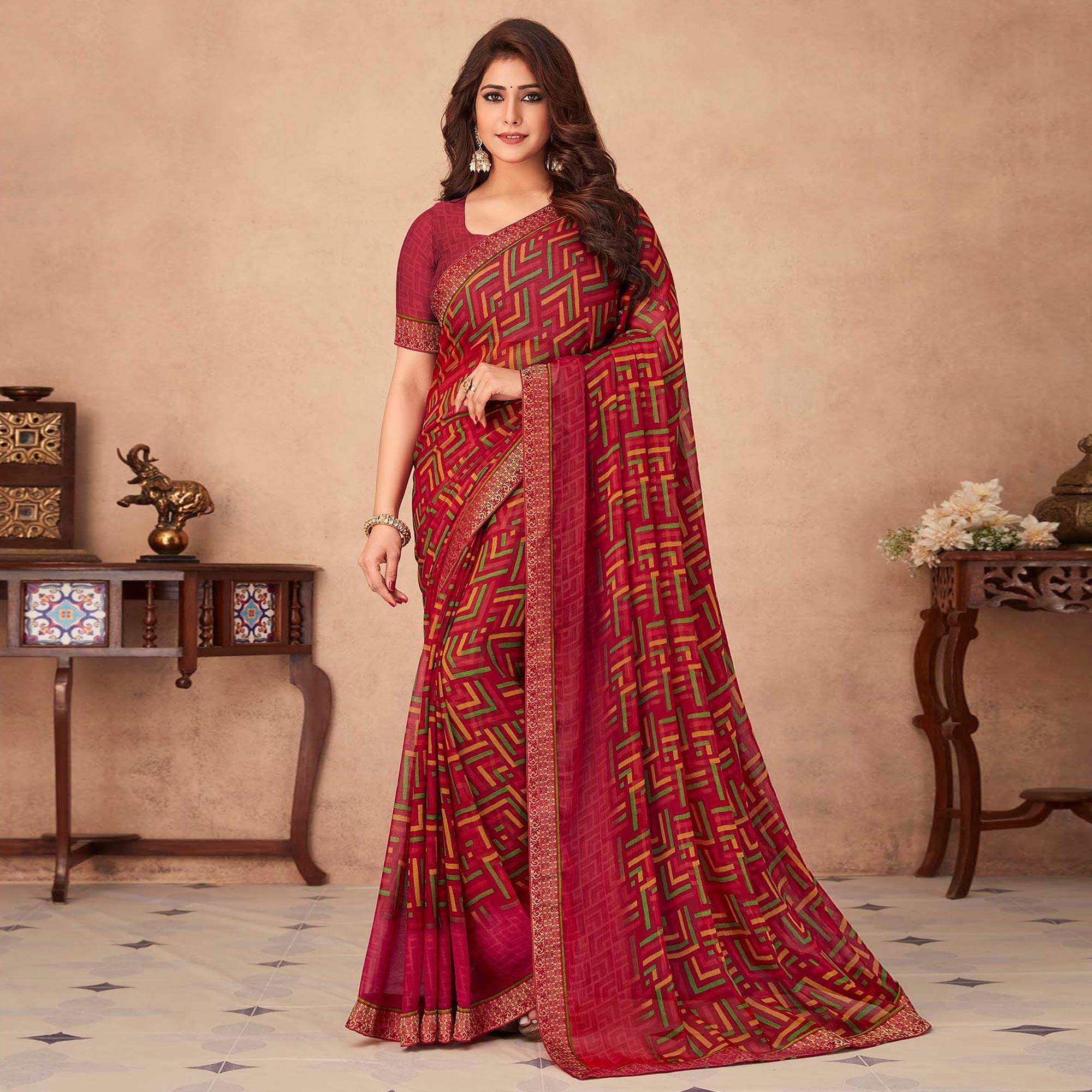 Peachmode Maroon Geometric Printed Chiffon Saree
