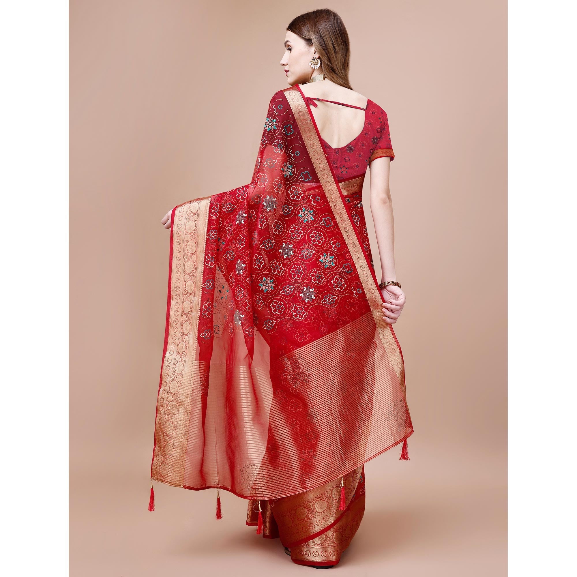 Peachmode Dark Red Bandhani Printed Organza Saree With Woven Border - view 5
