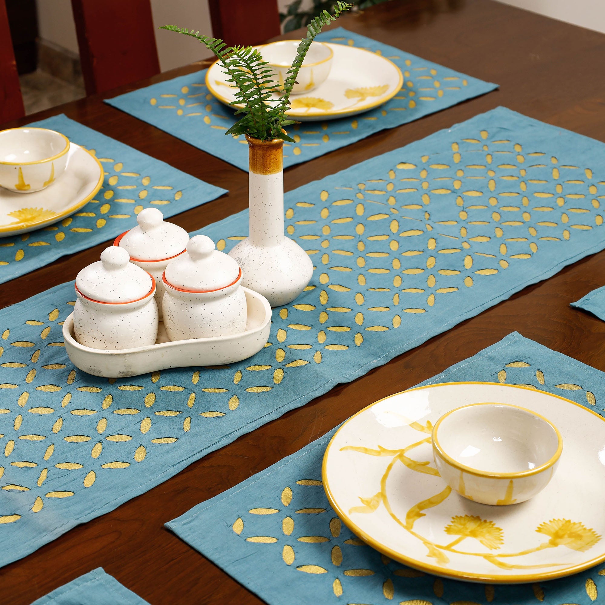 SHADES OF MARUDHARA Blue - Applique Cut Work Cotton Table Runner with Table Mats (set of 6) - view 2