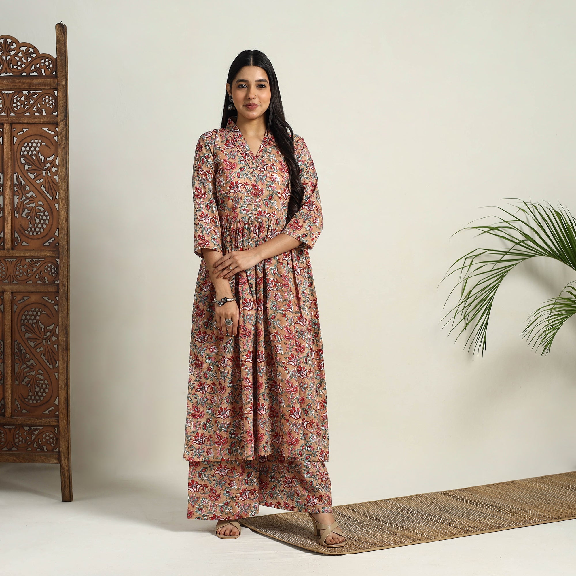 ITOKRI CASUALS Brown - Block Print Cotton Flared Sanganeri Kurta Set 04 - view 2
