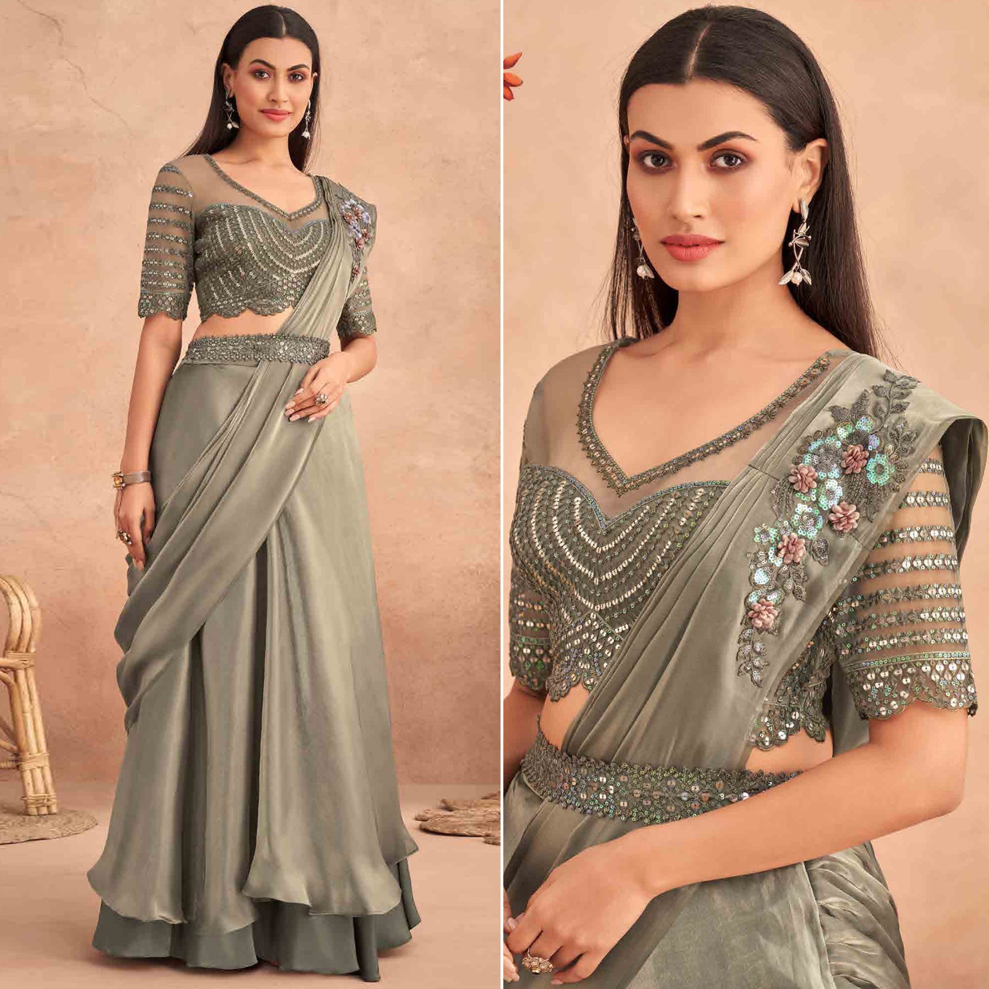 Peachmode Seller Grey Sequins Embroidered Ready to Wear Art Silk Saree