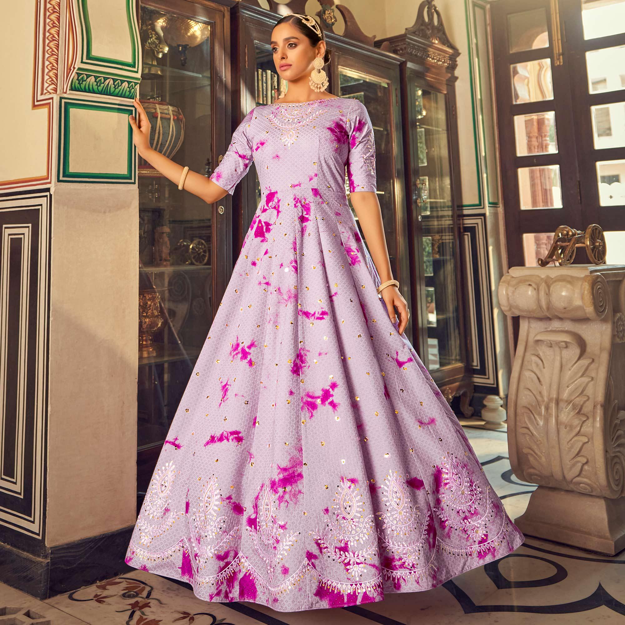 Peachmode Light Purple Digital Printed With Sequins Embroidered Cotton Blend Gown