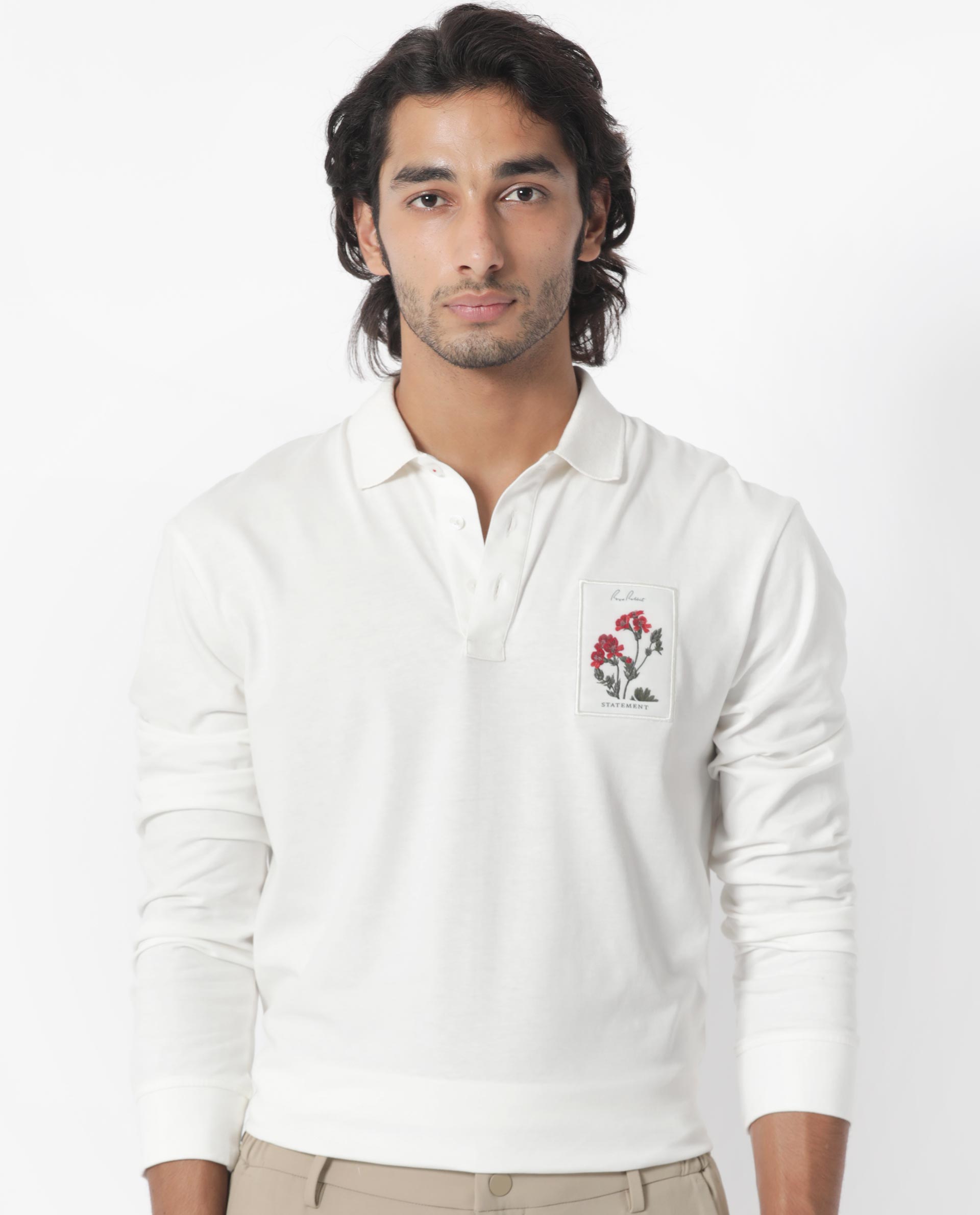 Rare Rabbit Men's Raz Off White Collared Neck Statement Chest Label Full Sleeve Polo T-Shirt - view 3