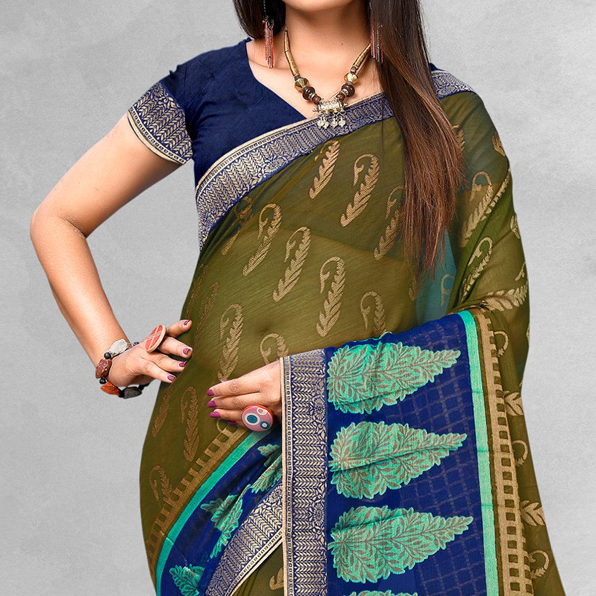 BlackTree glowing-olive-green-colored-casual-wear-printed-brasso-saree-45253 - view 2