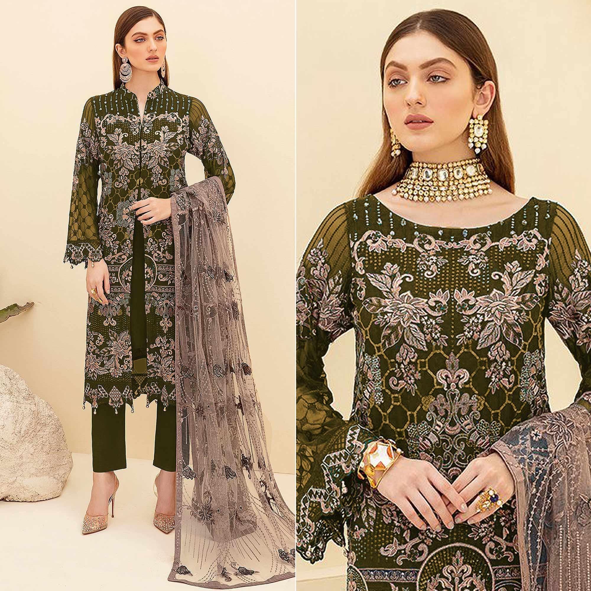 Peachmode Mehendi Green Embroidered Georgette Pakistani Suit
