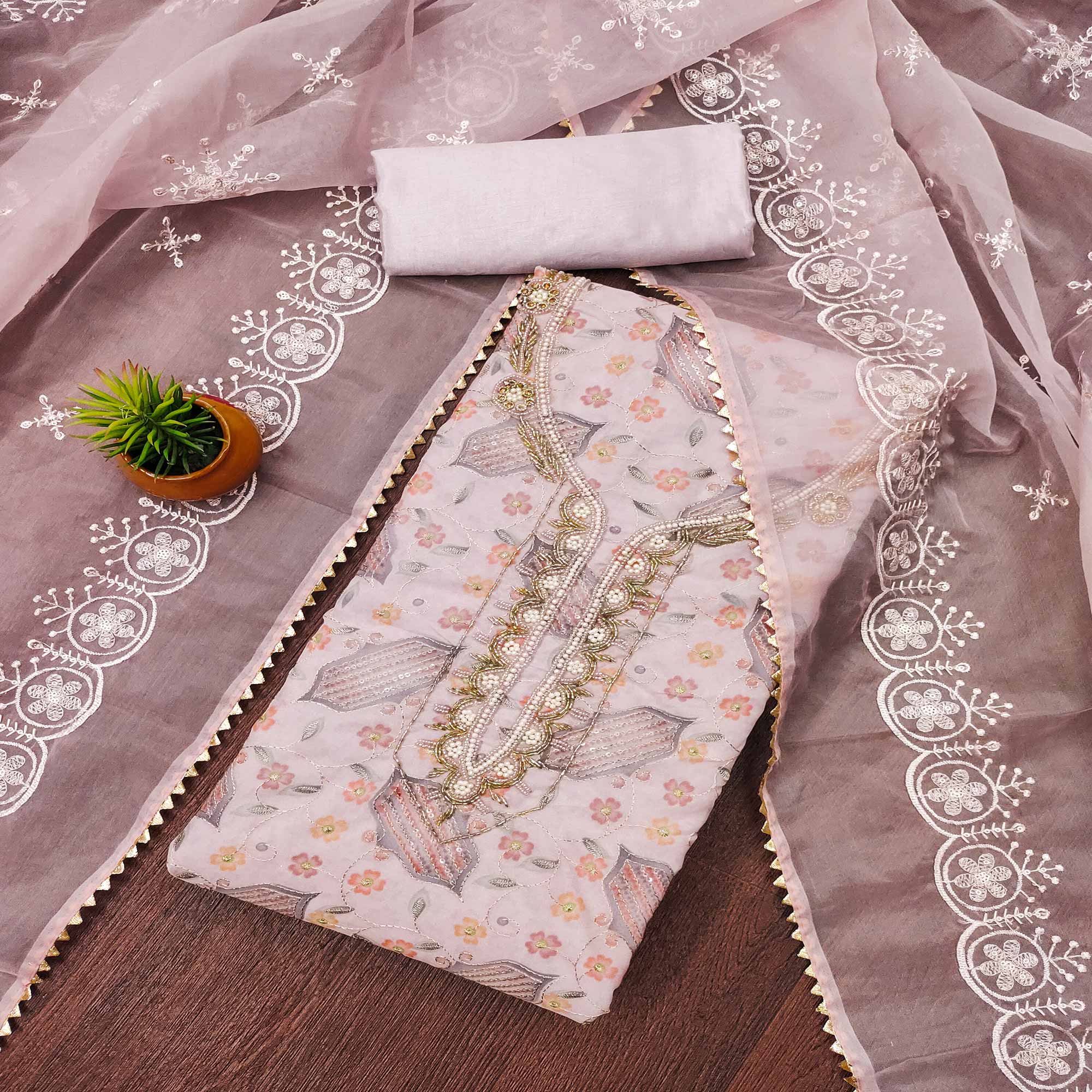 Peachmode Light Pink Floral Embroidered With Handwork Organza Dress Material