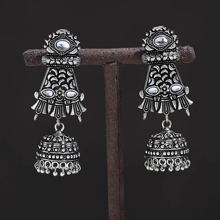 WHITE RIVER STORIES Antique Silver Finish Oxidised Stone Jhumki Earrings 16 - view 2