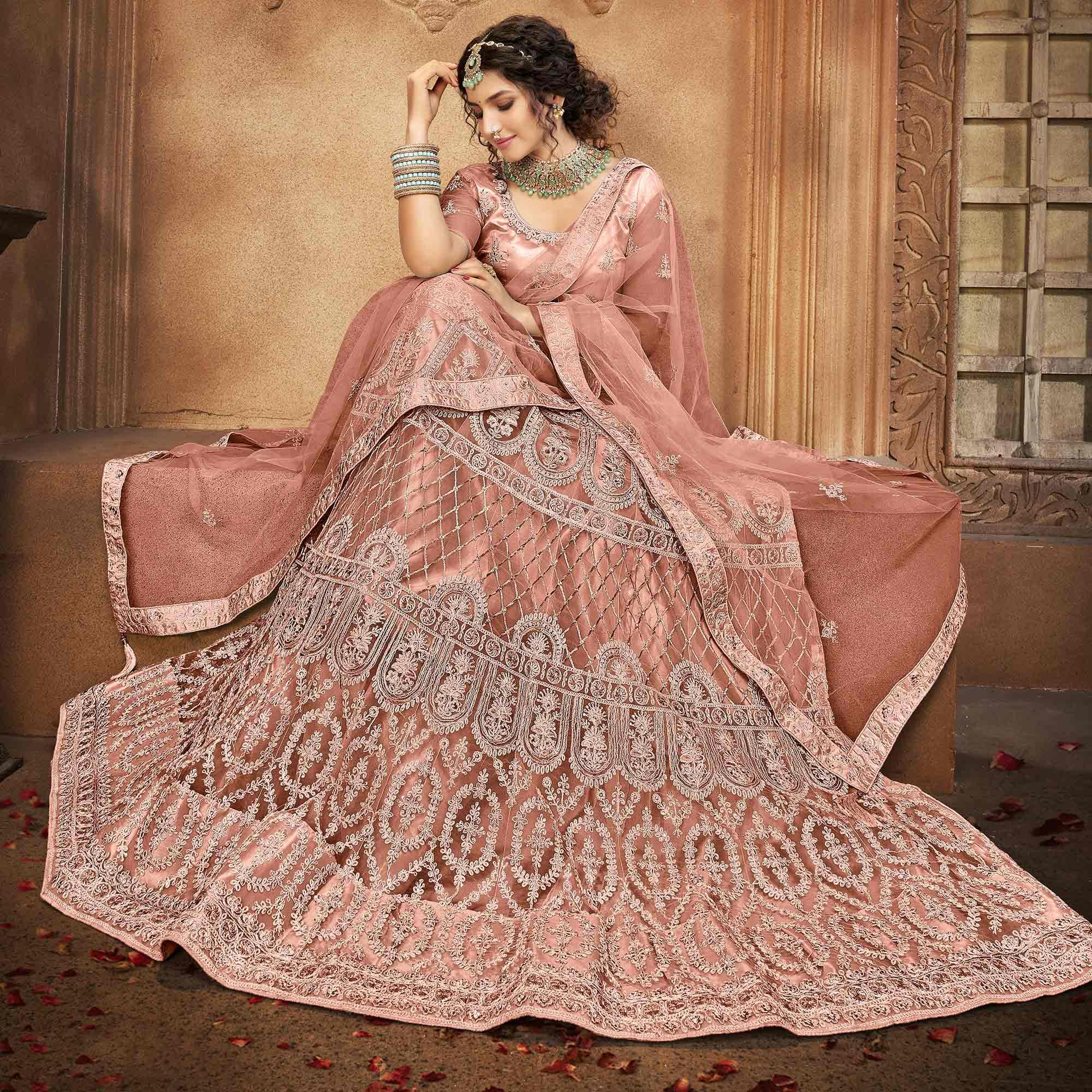 Peachmode Dusty Pink Partywear Multi Sequins Embroidered Net Lehenga Choli - view 3