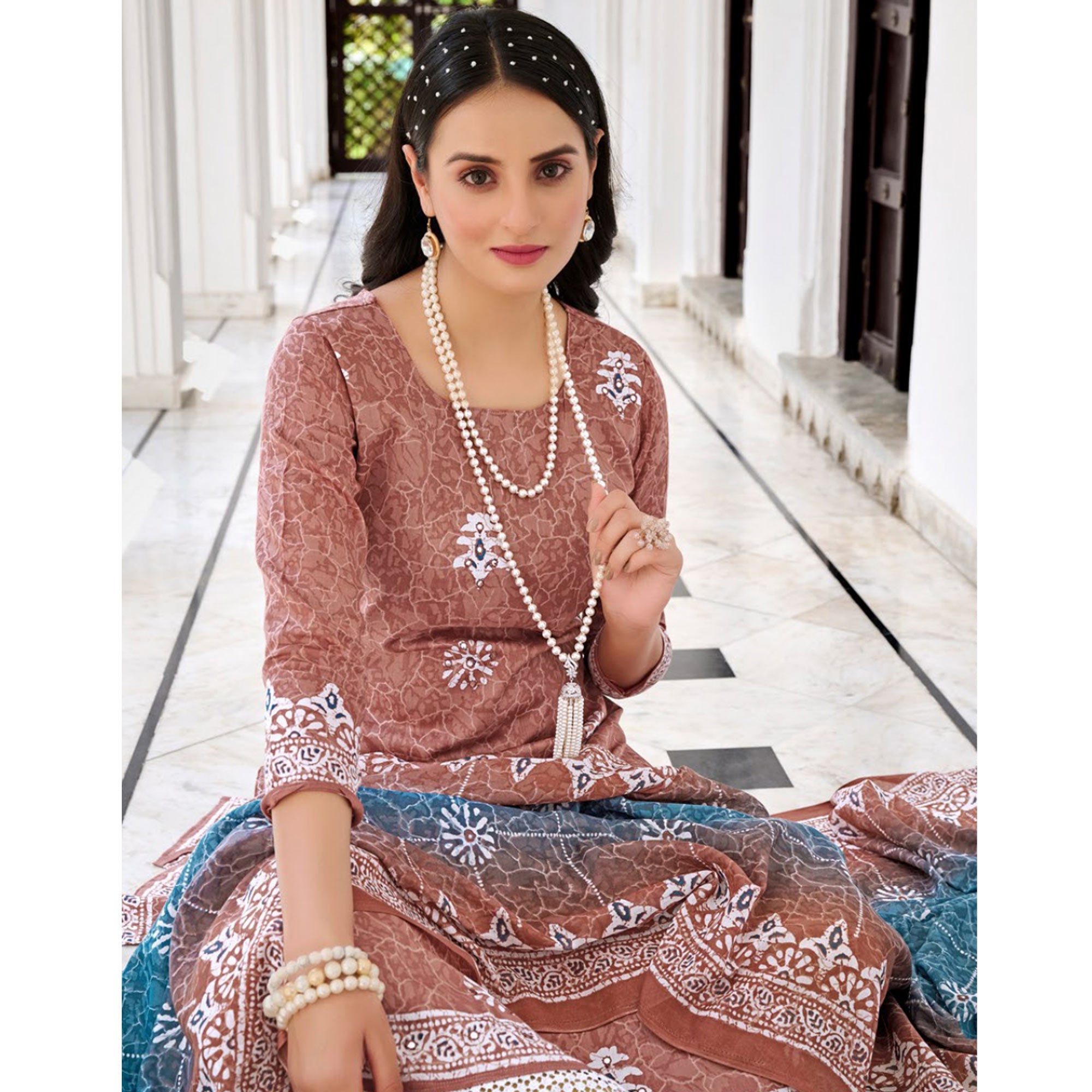 Peachmode Brown Digital Printed With Mirror Work Pure Cotton Suit - view 3