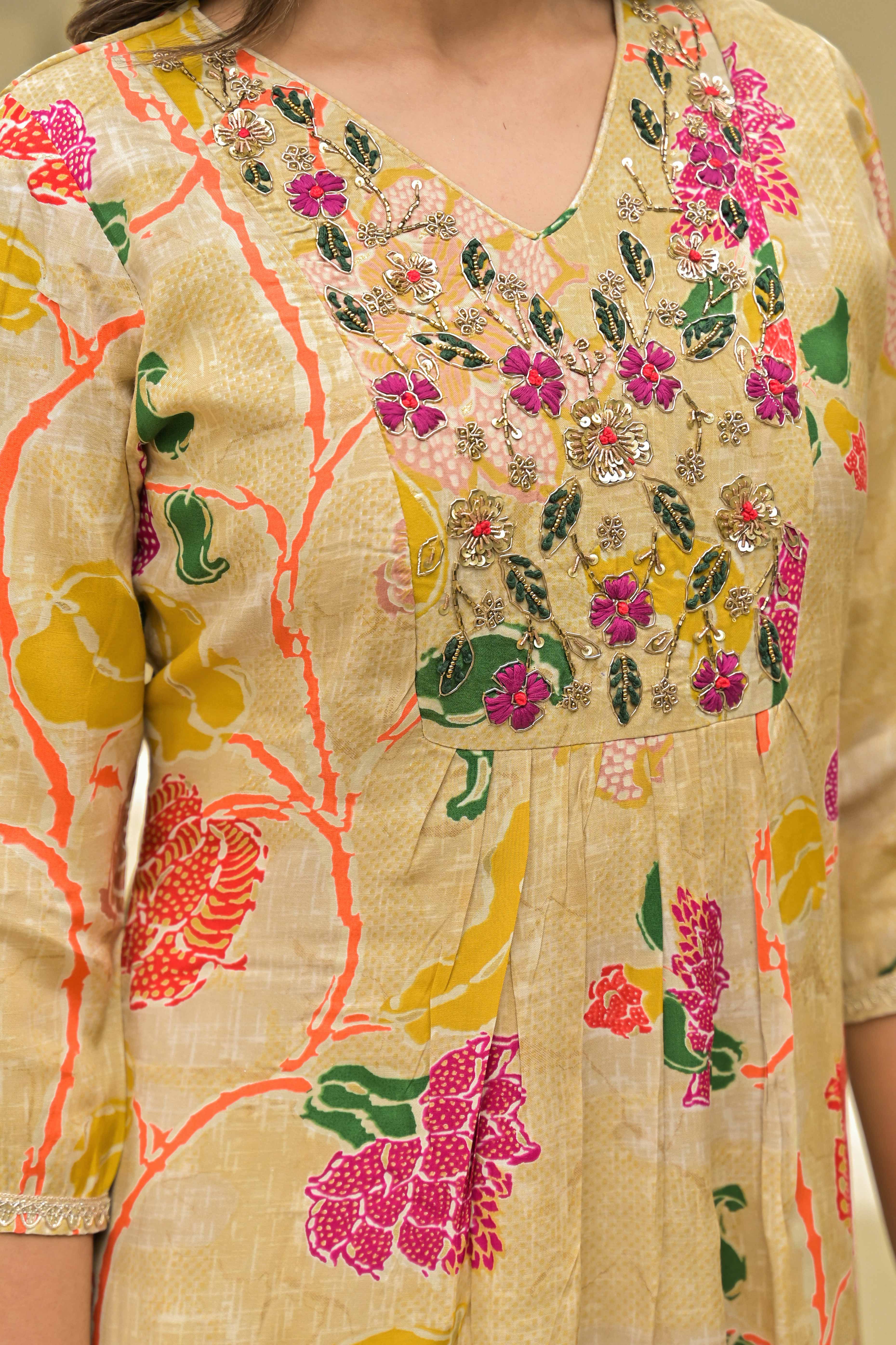 Peachmode Chikoo Floral Printed Muslin Anarkali Style Salwar Suit With Hand Work - view 2