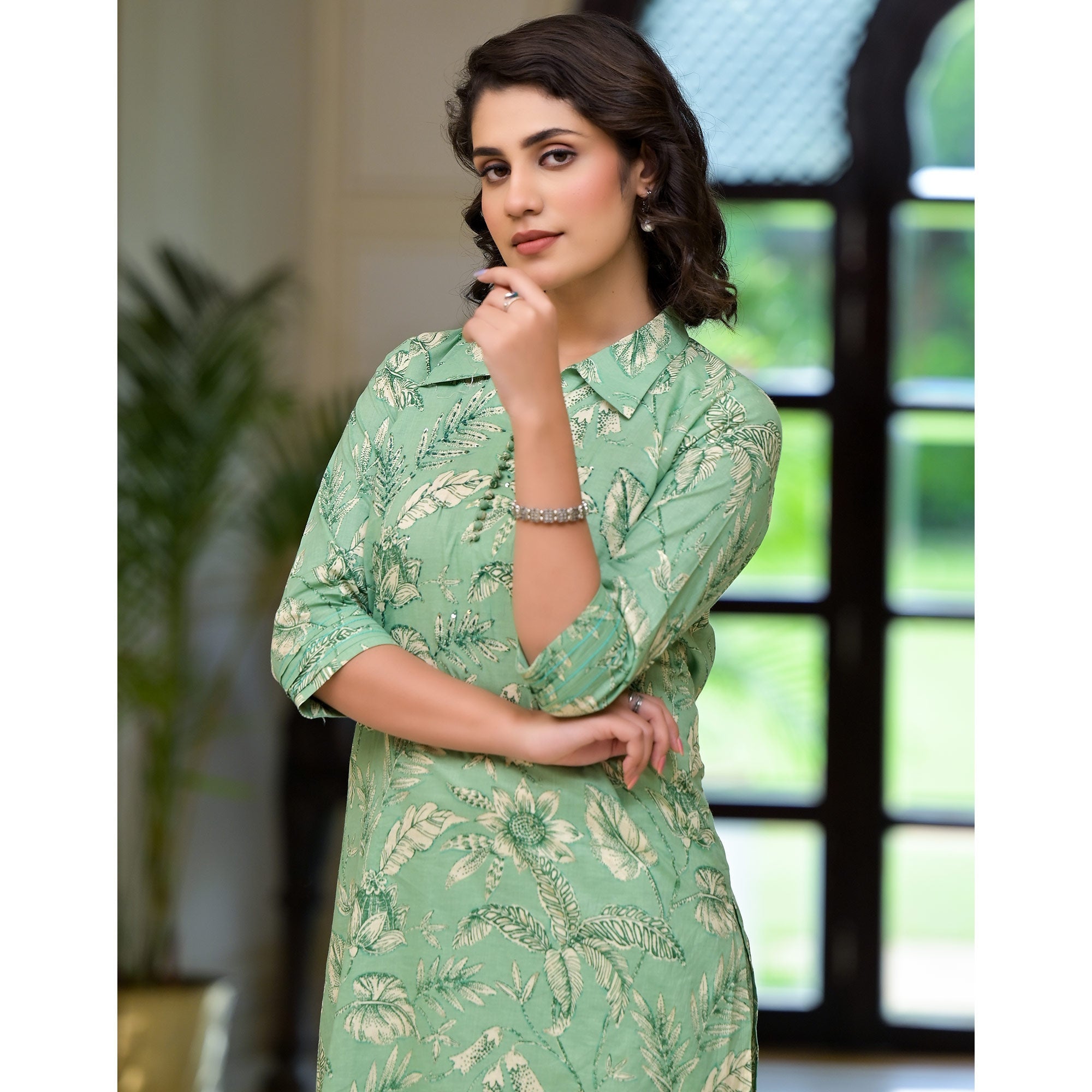 BlackTree green-floral-printed-pure-cotton-co-ord-set - view 7