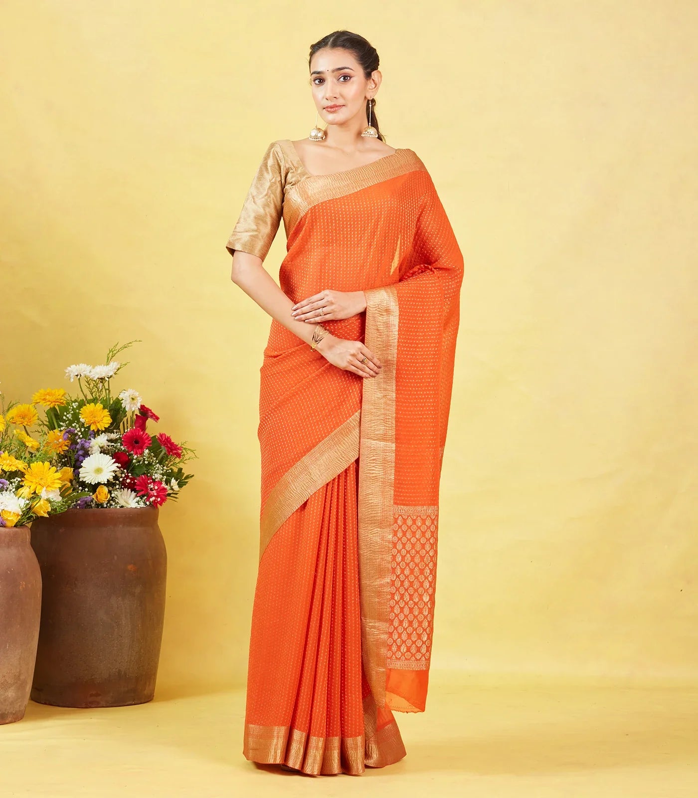 RmKV Orange Mysore Crepe Silk Saree With Floral Motifs & Zari Border - view 8