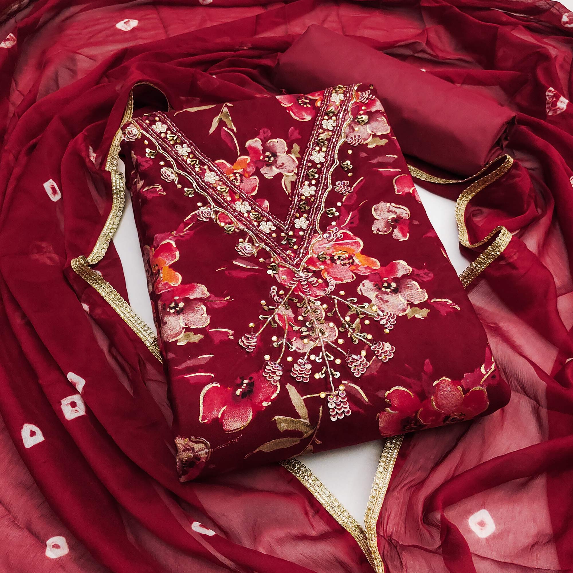 Peachmode Dark Red Floral Printed With Handwork Pure Cotton Dress Material