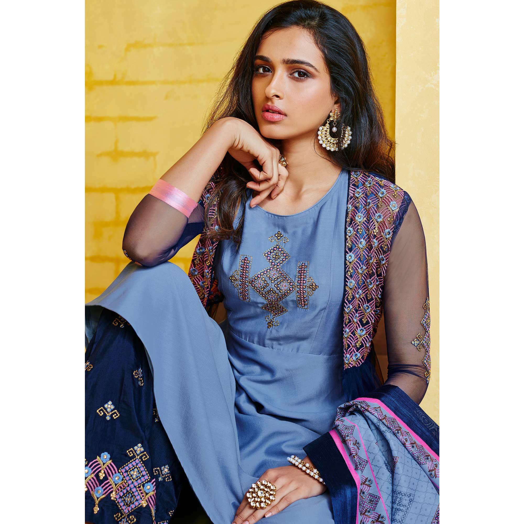 Peachmode Seller Imposing Blue Colored Partywear Embroidered Muslin Palazzo Suit - view 2