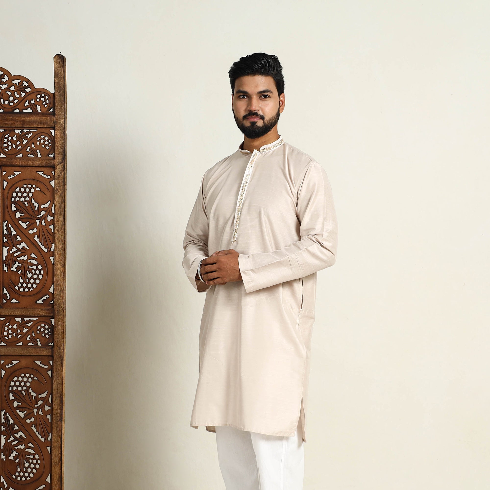 ITOKRI CASUALS Beige - Slub Silk Kurta for Men with Detailed Neckline Work 06 - view 2