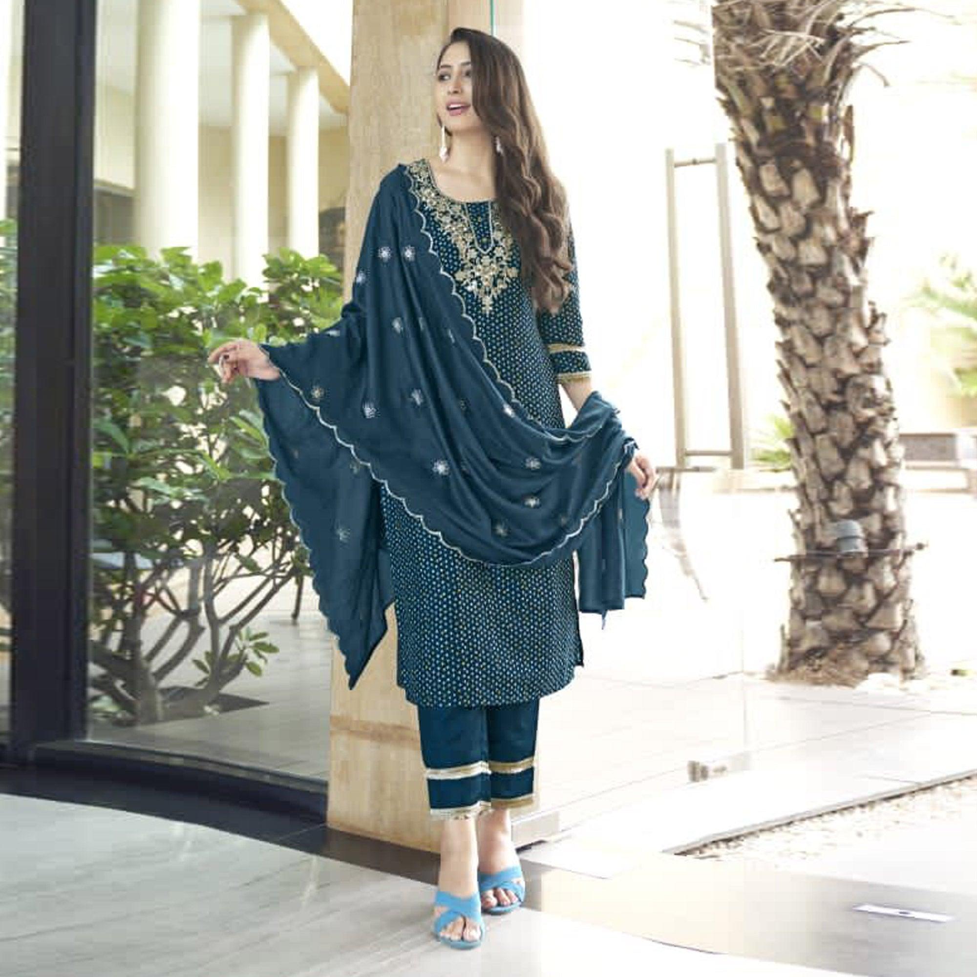Peachmode Seller Dark Teal Blue Bandhani Printed With Gota Patti Muslin Salwar Suit - view 2