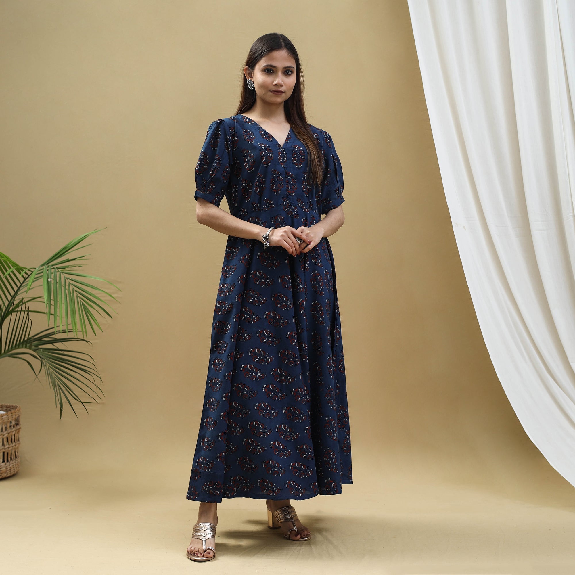 ITOKRI CASUALS Blue - Block Print Cotton Flared Ajrakh Dress 03