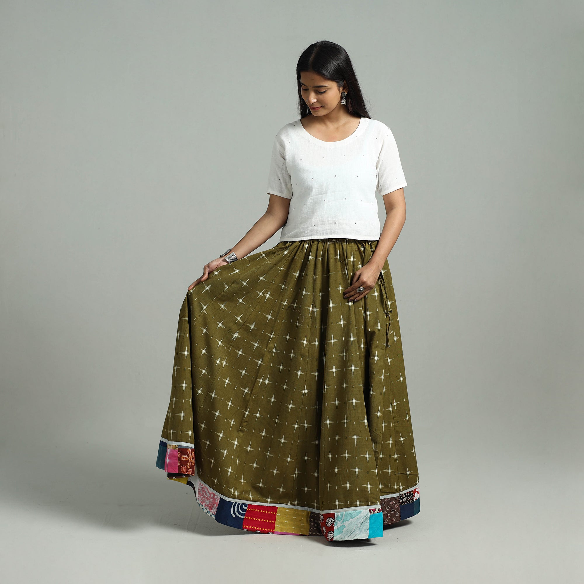 NOORI BAZAR Green - 24 Kali Patchwork Cotton Pochampally Ikat Skirt 33