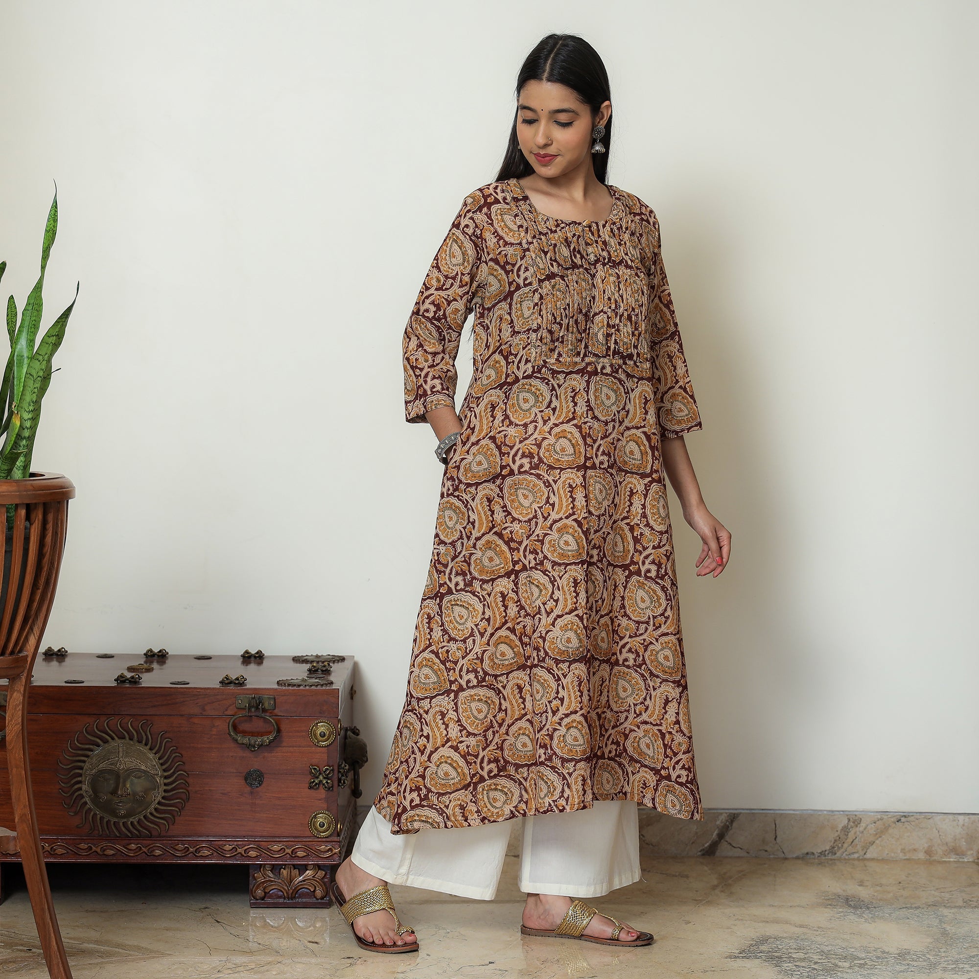 ITOKRI CASUALS Brown - Kalamkari Hand Block Printed Mul Cotton Pintuck A-Line Kurta 03 - view 7