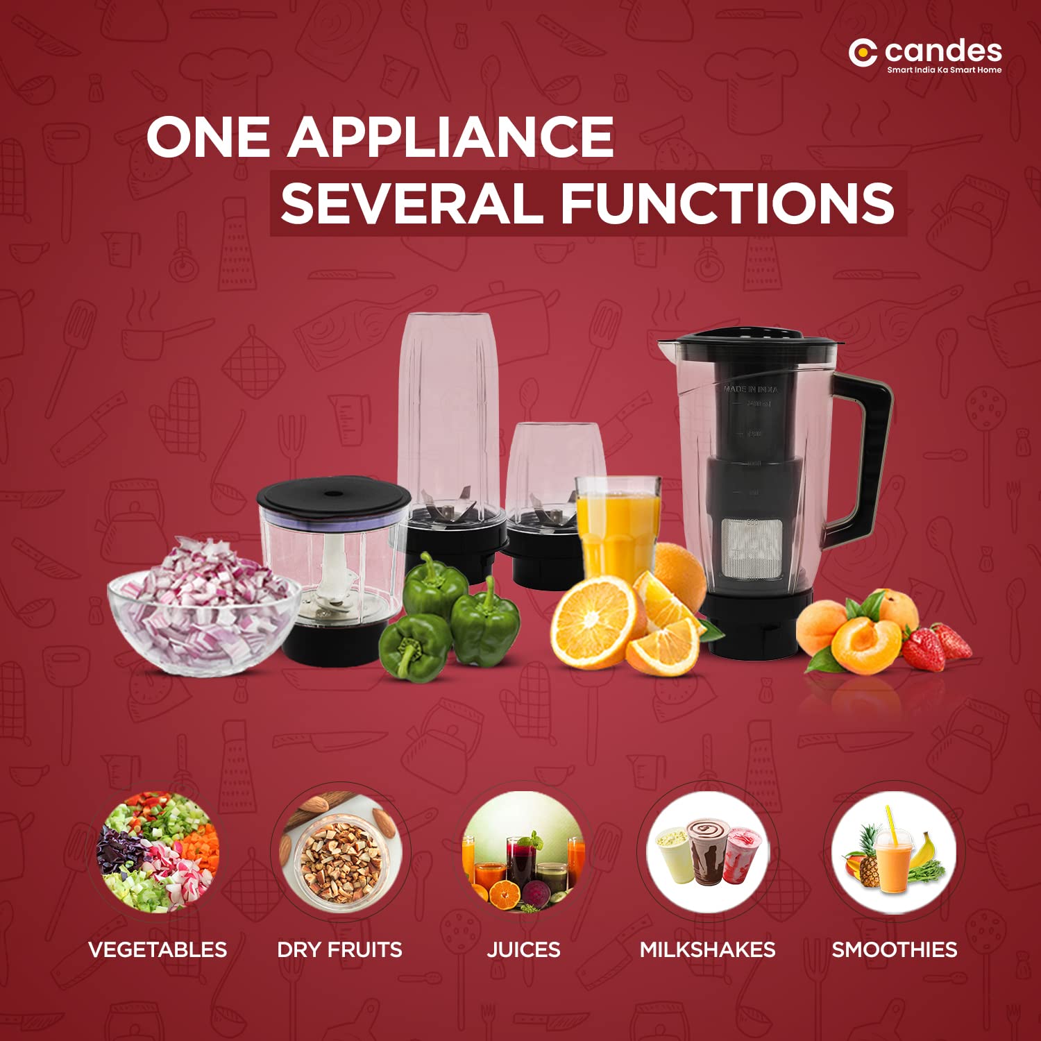 Candes Pearl 600 W Mixer Grinder 4 Jars - Black, Red (1 Year Warranty + 2 Years on Motor Only) - view 5