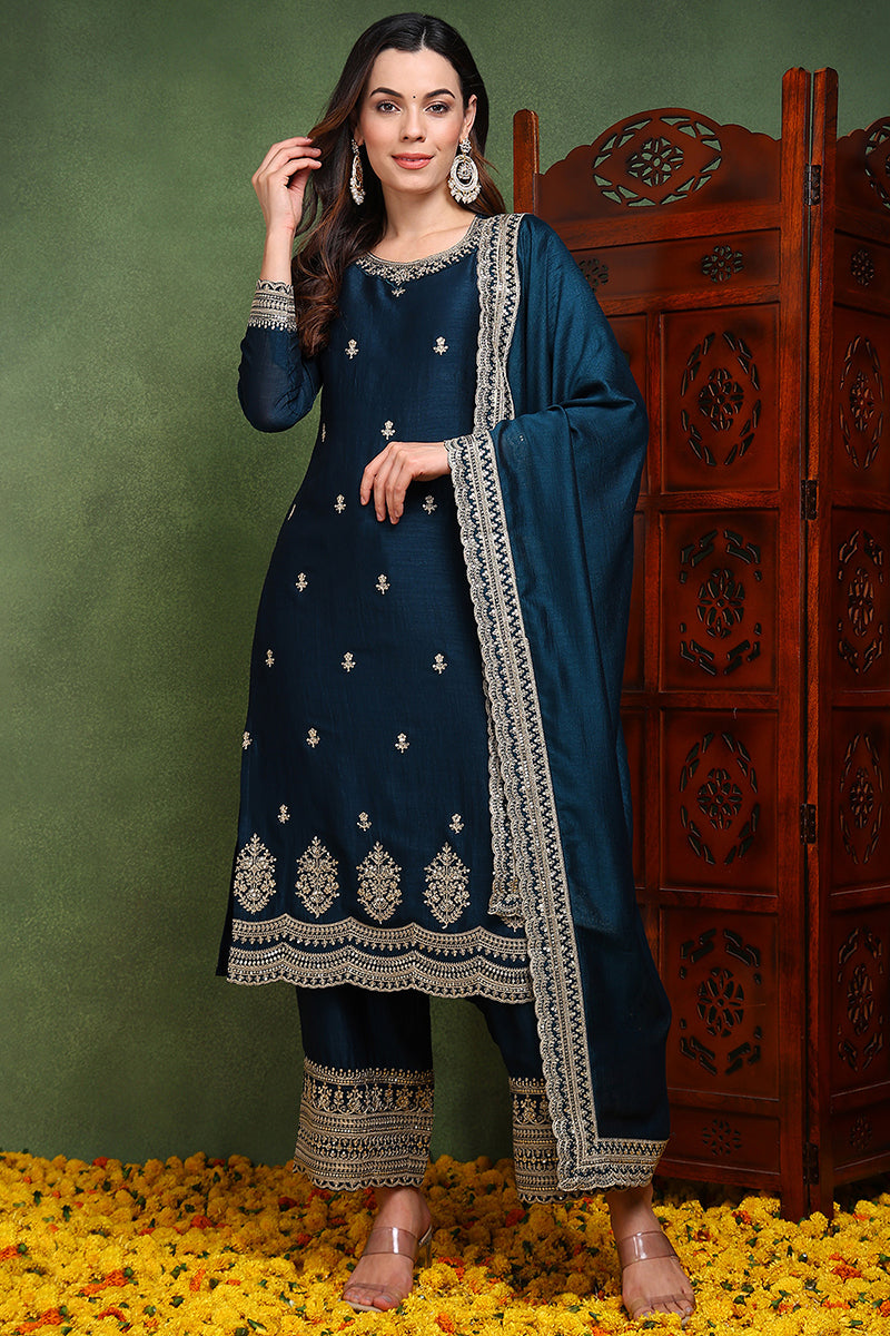 Ahika Dark Blue Silk Blend Solid Embroidered Straight Suit Set PKSKD2487