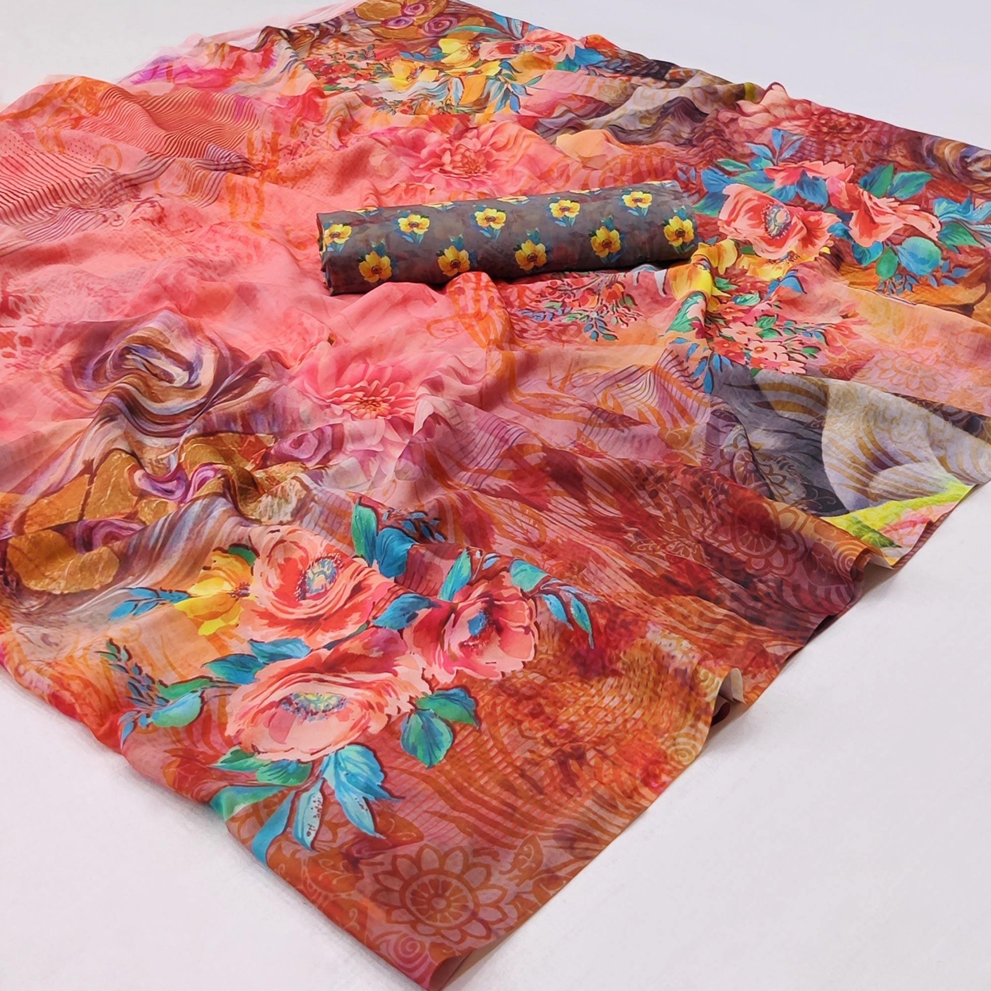 Peachmode Multicolor Floral Digital Printed Georgette Saree
