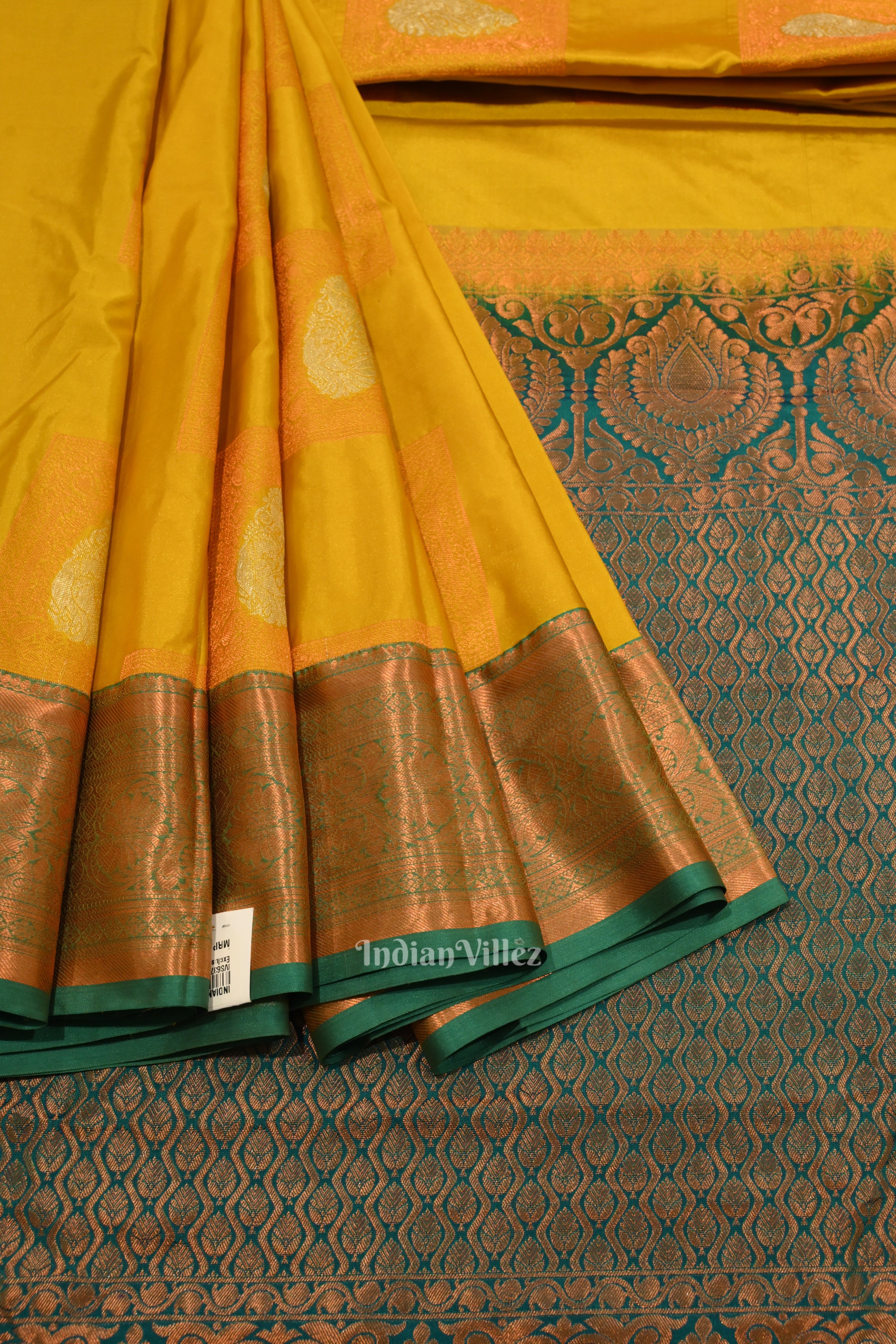 IndianVillèz Yellow Pure Kanjivaram Silk Saree