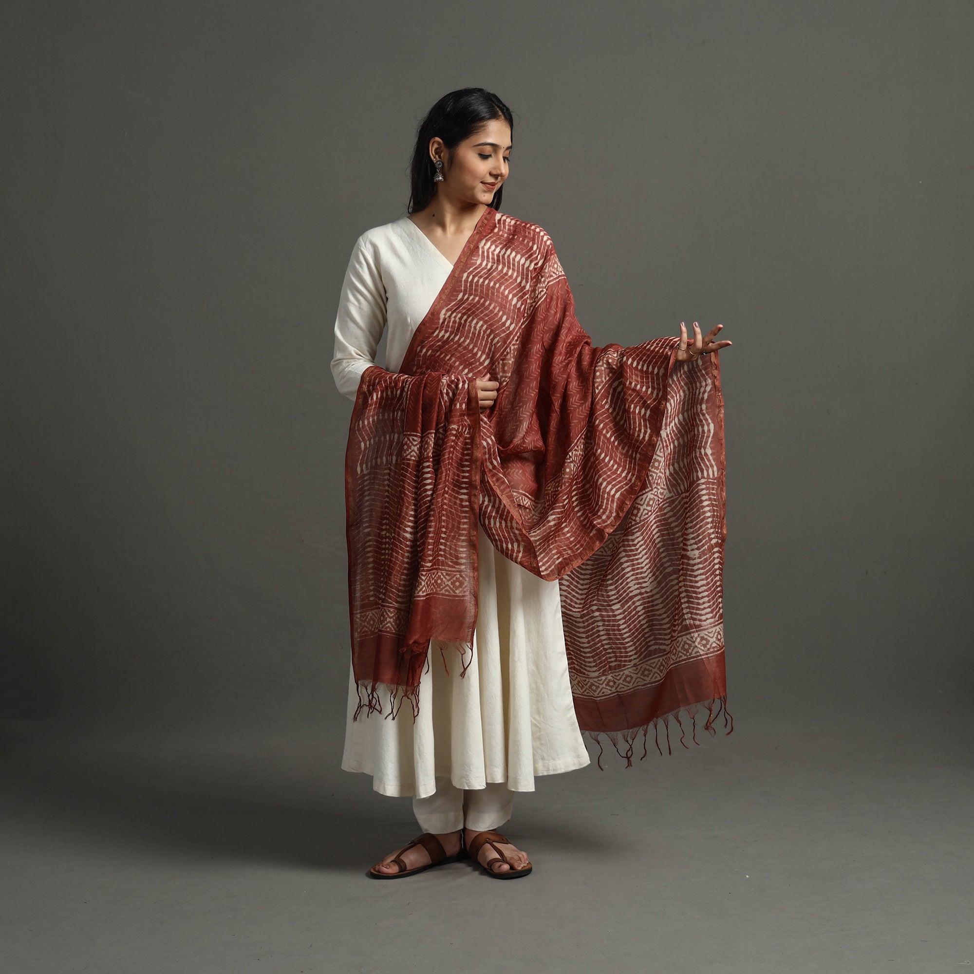 BAGRU DABU PRINTS Brown - Block Printed Chanderi Silk Bagru Dupatta 61 - view 2