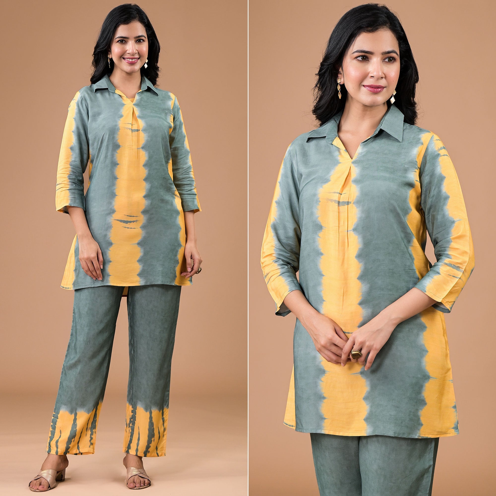 Peachmode Bottle Green Tie Dye Printed Muslin Co-Ord Set