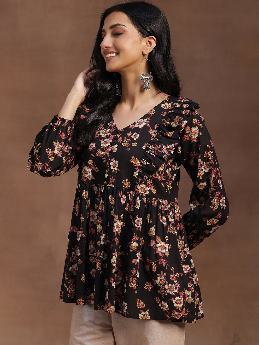 Libas Black Printed Cotton A-line Kurti – Women's