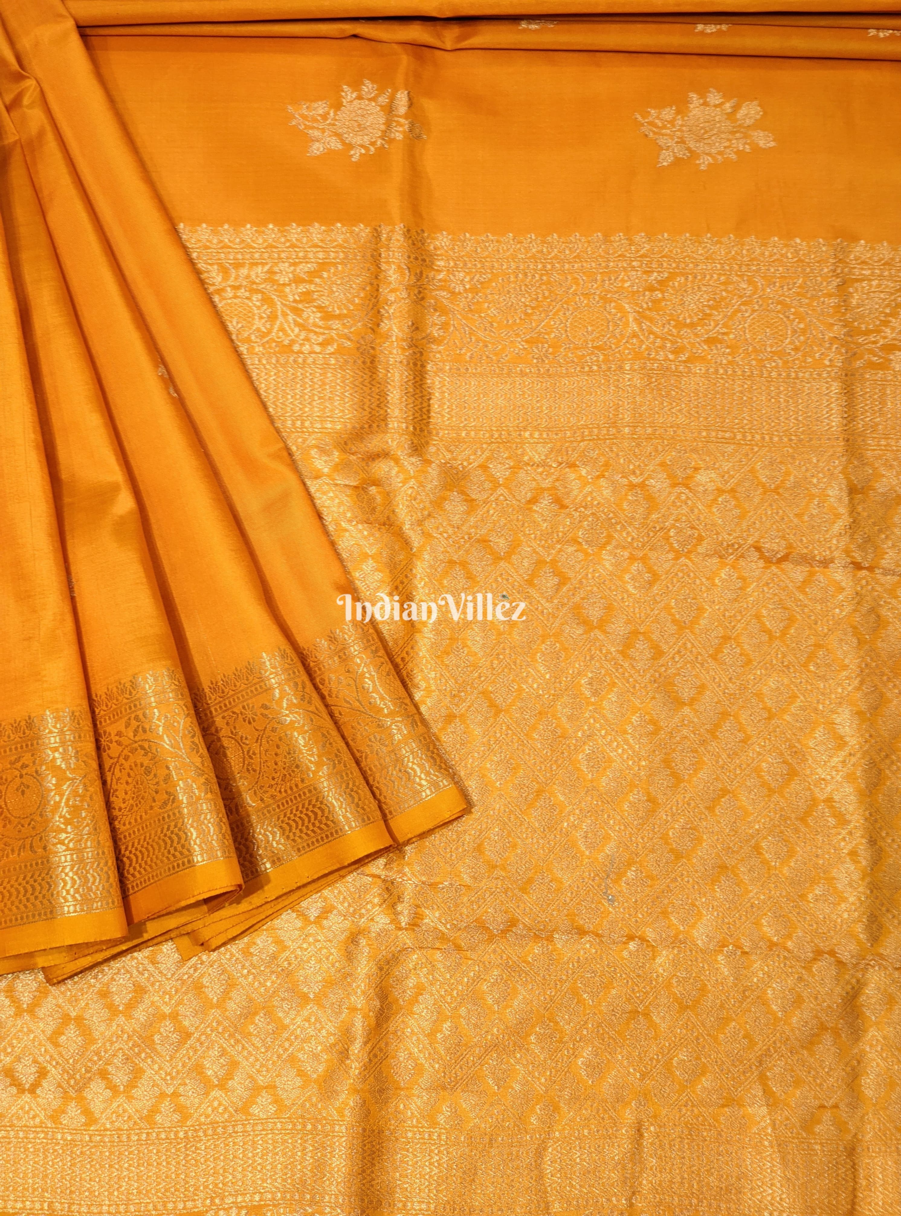 IndianVillèz Yellow Floral Motif Designer Katan Silk Banarasi Saree