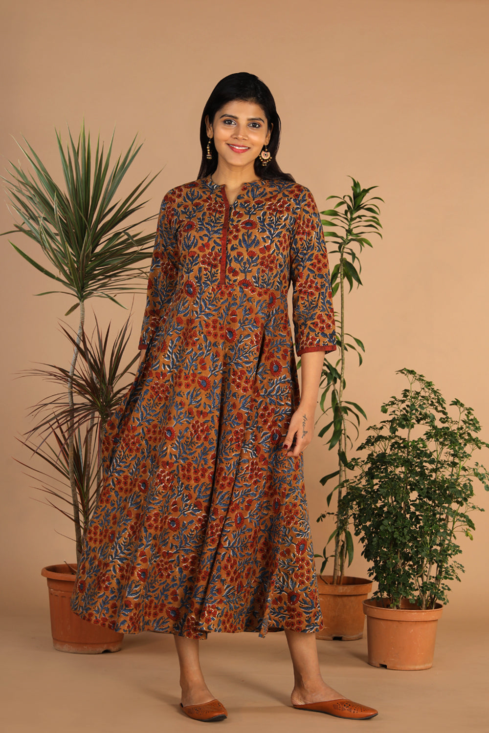 Kalanjali Ethnics Cotton long handblock printed Bagru dress