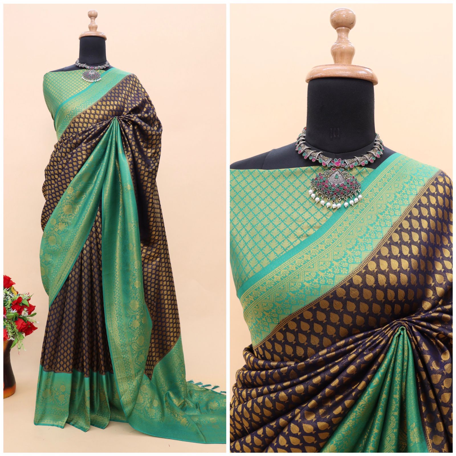 ClothsVilla Blue Kuber Soft Silk Saree with Exquisite Golden Jari Work & Matching Blouse