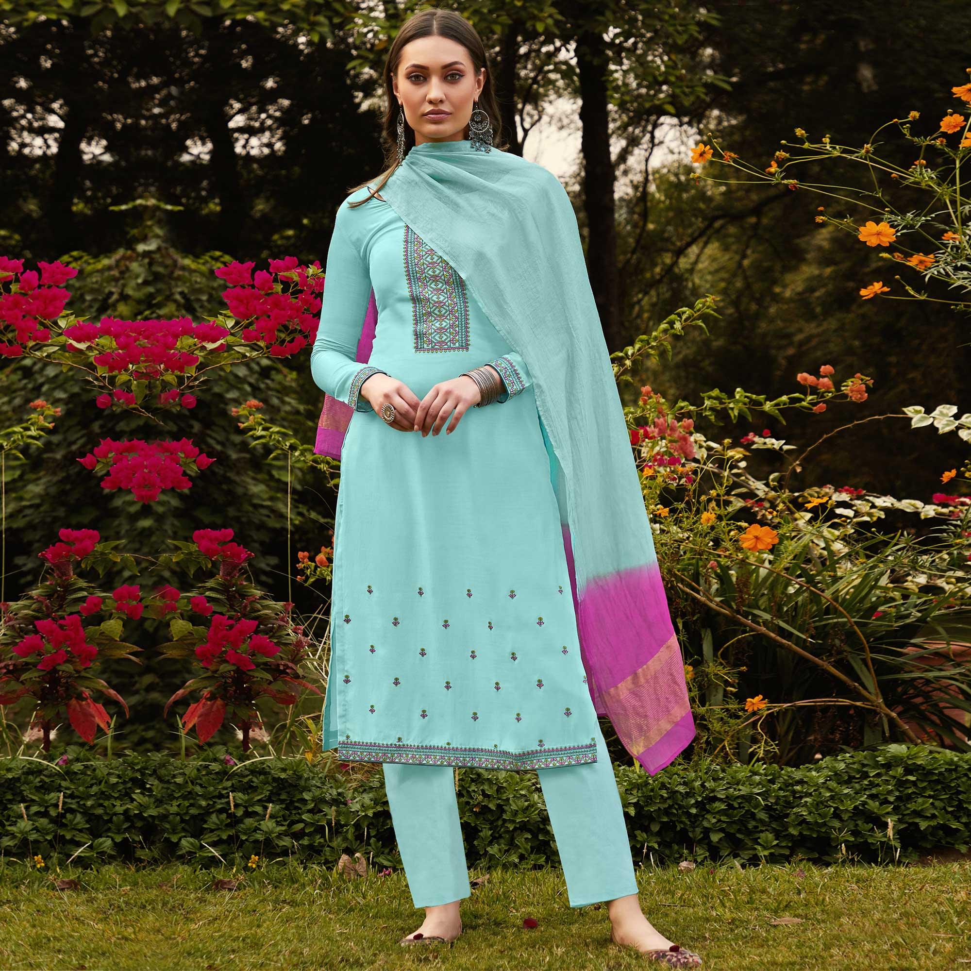 Peachmode Light Blue Casual Wear Embroidered Georgette Suit