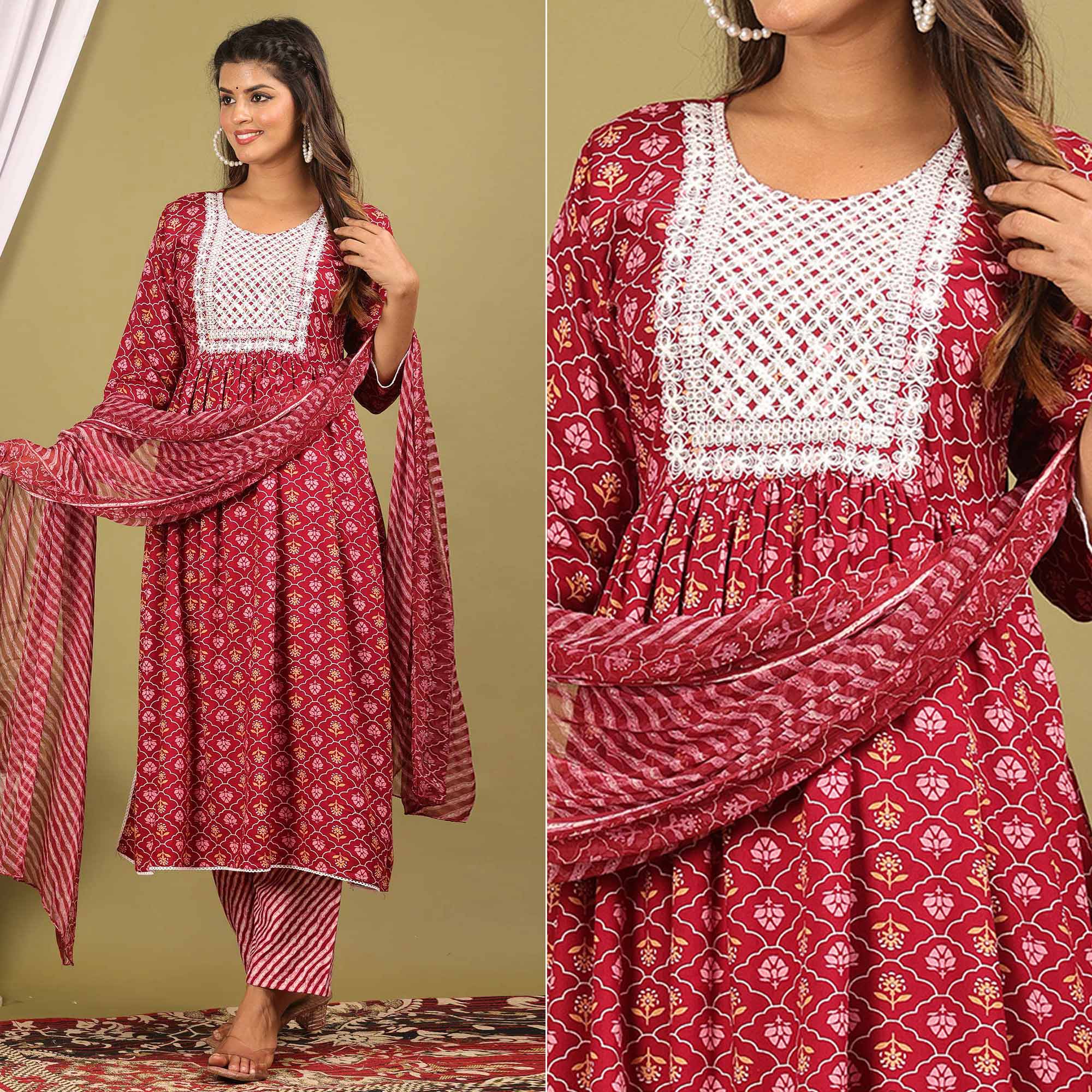 Peachmode Seller Maroon Printed With Embroidered Rayon Naira Cut Suit