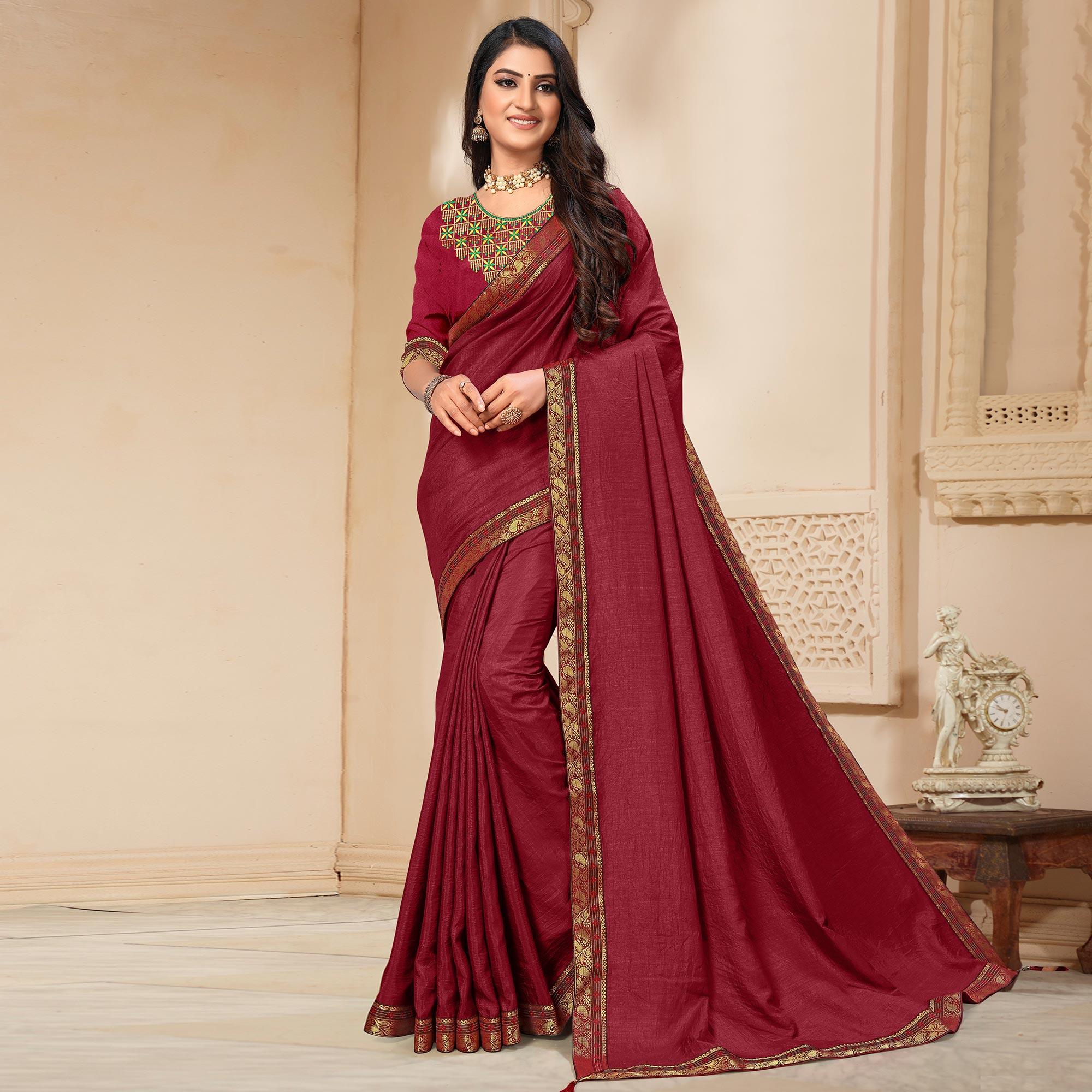 Peachmode Maroon Solid Vichitra Silk Saree – Women's