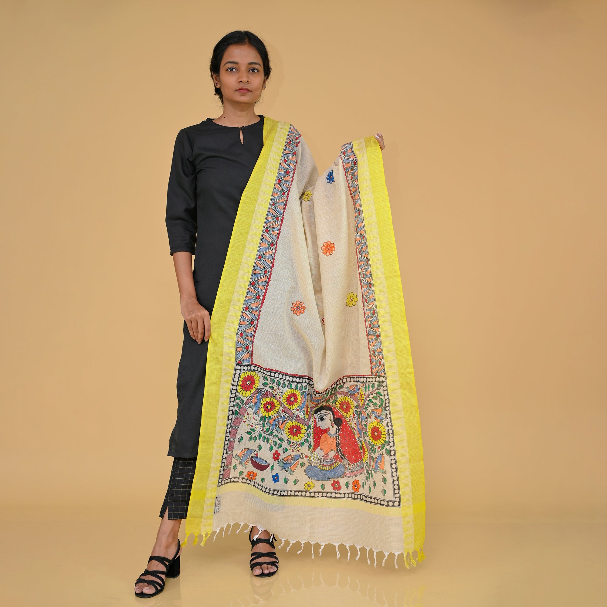 DIORAMA DESIGNS Beige - Handpainted "Nature" Madhubani Cotton Dupatta