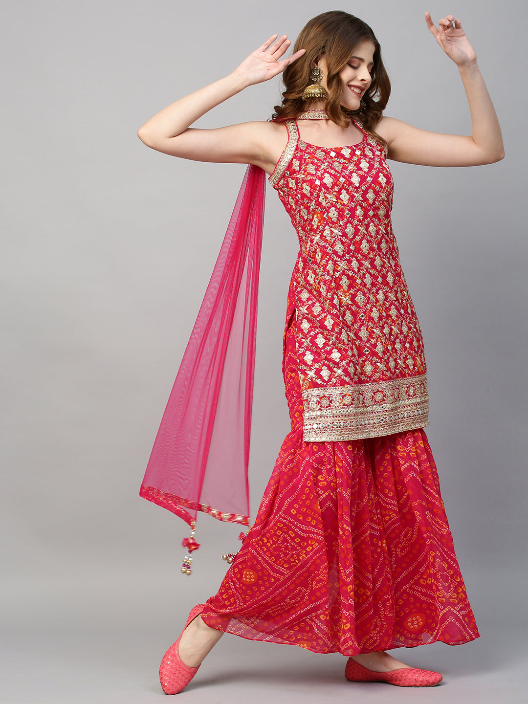 Fashor Zari Embroidered & Bandhani Printed Kurta with Sharara & Dupatta - Hot Pink - view 12